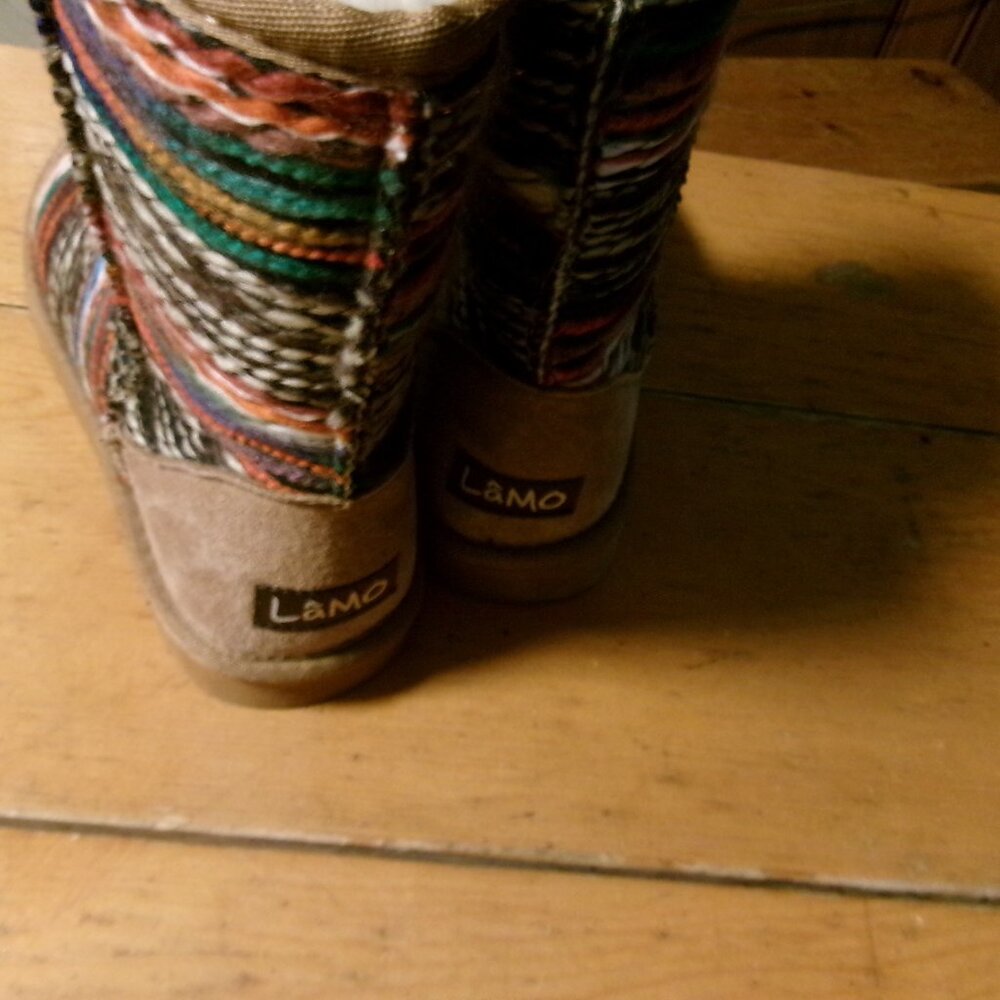 LAMO suede shearling boho rainbow threads mid calf pull on boots sz6 - Picture 5 of 7